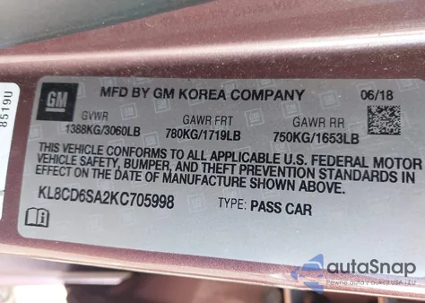 2019 Chevrolet Spark 1Lt Cvt from USA, damaged, VIN KL8CD6SA2KC705998